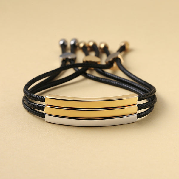 Robrasim Heart Clasp Curved Bar Bracelet - Personalized Engravable Gold/Silver Adjustable Cord Bracelet for Couples