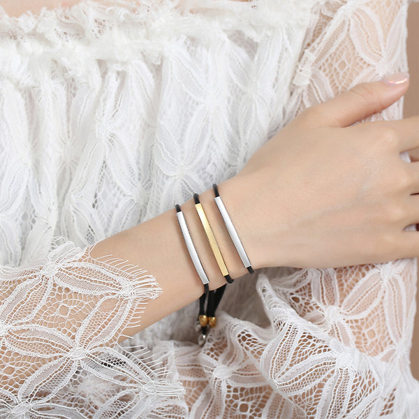 Robrasim Heart Clasp Curved Bar Bracelet - Personalized Engravable Gold/Silver Adjustable Cord Bracelet for Couples