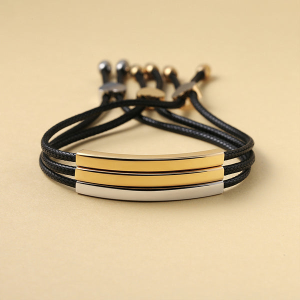 Robrasim Heart Clasp Curved Bar Bracelet - Personalized Engravable Gold/Silver Adjustable Cord Bracelet for Couples