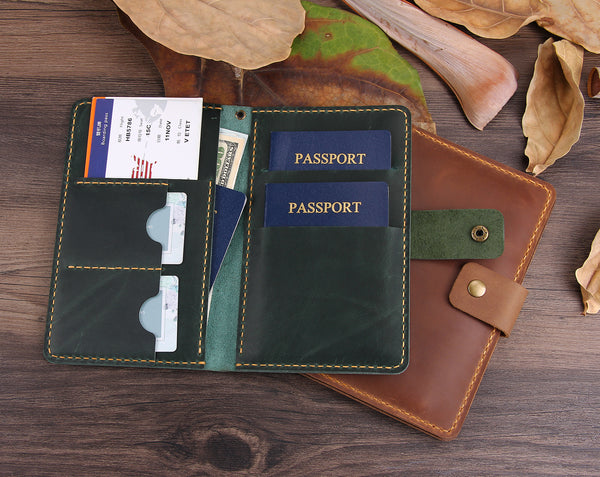 Handmade Leather Passport Holders for 2 Passports, Vintage Travel Wallet for Couples