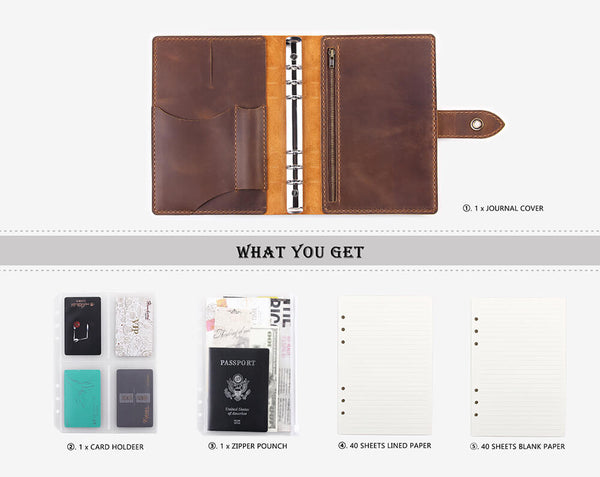 Handmade Leather A5 Refillable Ring Binder Travel Journal Notebook