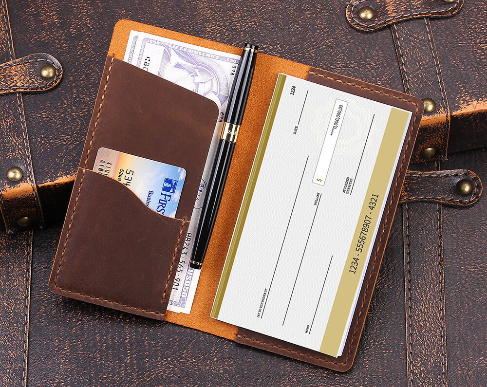 Handmade Genuine Leather Checkbook Cover for Men & Women