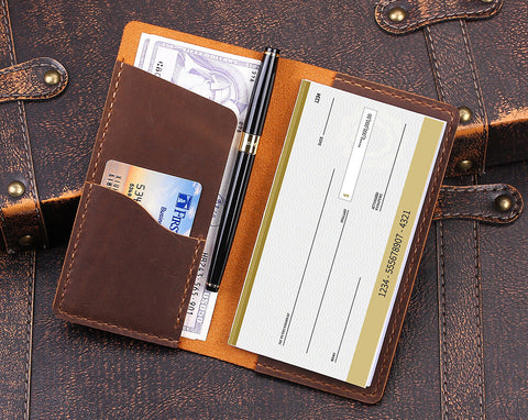 Handmade Genuine Leather Checkbook Cover for Men & Women