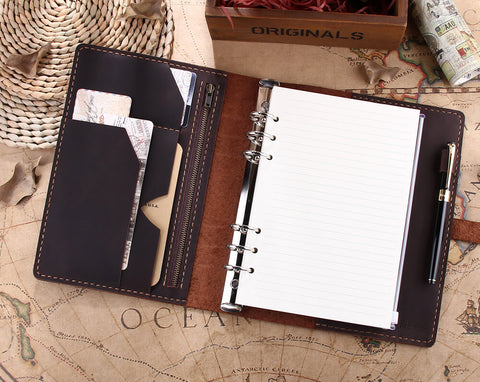 Personalized Leather A5 Refillable Ring Binder Travel Notebook