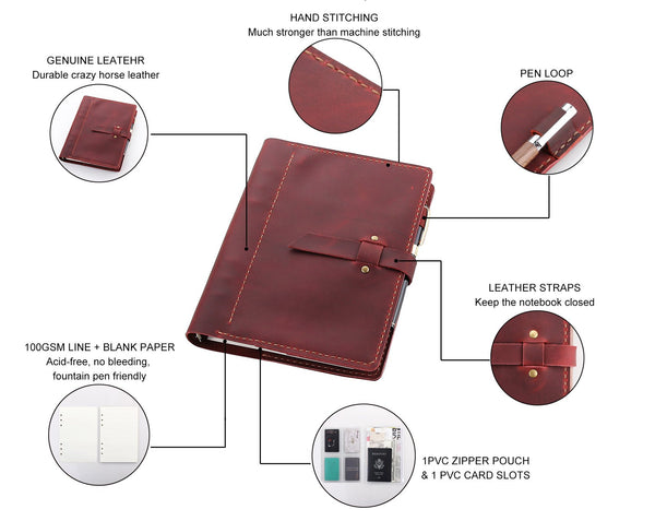 Personalized Leather A5 Refillable Ring Binder Notebook