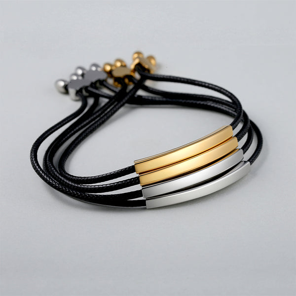 Robrasim Heart Clasp Curved Bar Bracelet - Personalized Engravable Gold/Silver Adjustable Cord Bracelet for Couples