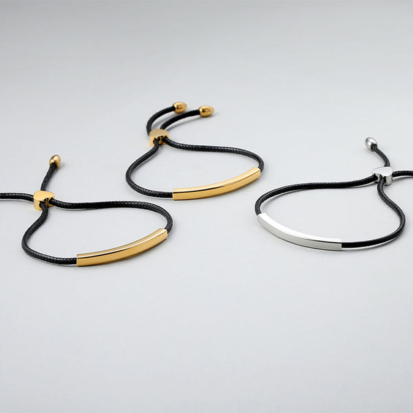 Robrasim Heart Clasp Curved Bar Bracelet - Personalized Engravable Gold/Silver Adjustable Cord Bracelet for Couples
