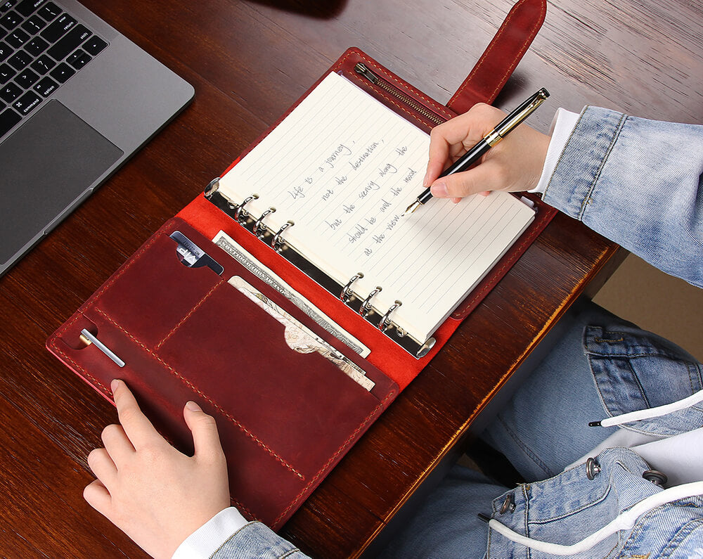 Personalized Refillable 6 Ring Binder Rustic Leather A6 Journal - Robrasim Brown