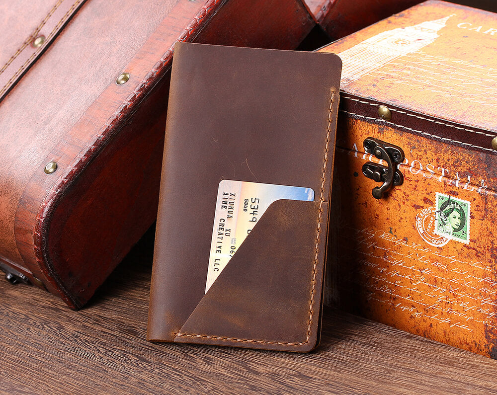 Handmade Genuine Leather Checkbook Cover Wallet - Thin, Long Clutch Style With RFID Blocking, Plain Croc Embossing