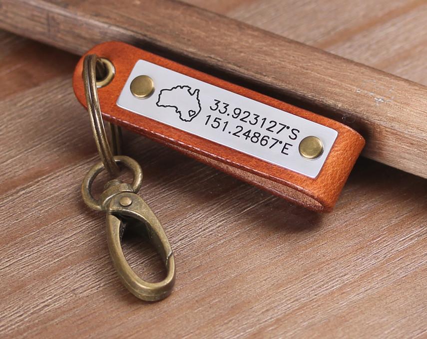 Personalized GPS Coordinates Leather Keychain | Robrasim