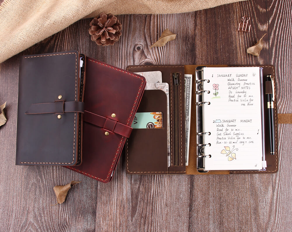 Personalized Refillable 6 Ring Binder Rustic Leather A6 Journal - Robrasim Brown