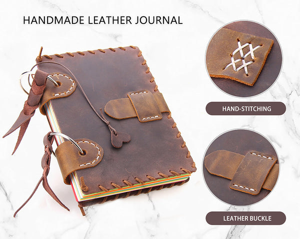 Handmade Leather Journal Notebook, Ring Bound Colorful Page Travel Notebook