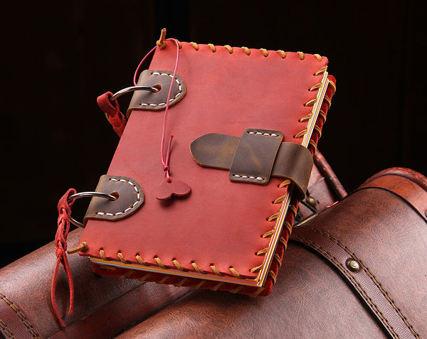 Handmade Leather Journal Notebook, Ring Bound Colorful Page Travel Notebook