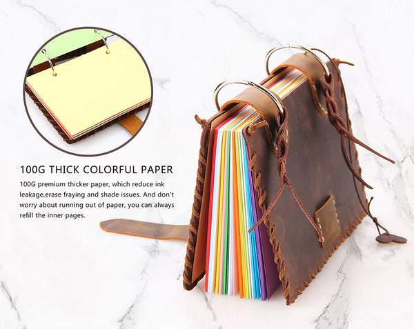 Handmade Leather Journal Notebook, Ring Bound Colorful Page Travel Notebook