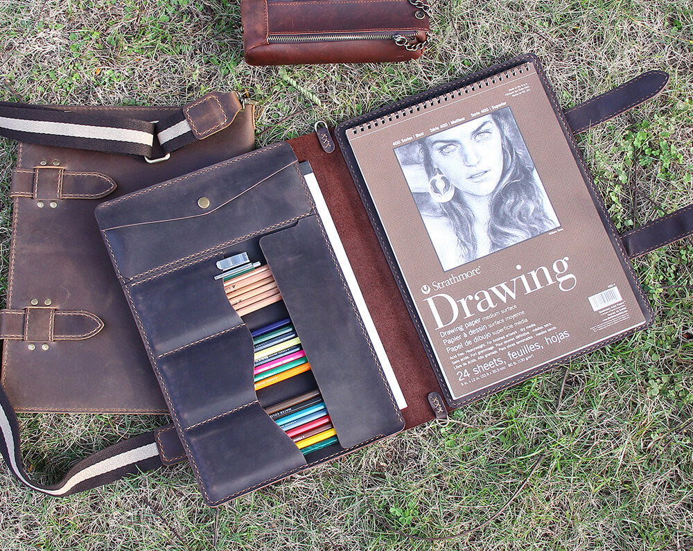 Drawing sketchbook, Refillable leather sketchpad drawing pencil