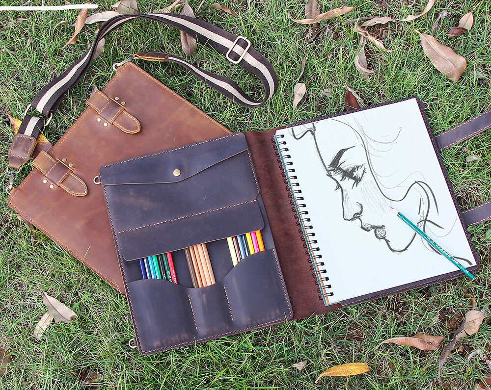 Robrasim Handmade Leather Sketchbook Cover, Artist Sketch Pad Holder for  9X12 Top Spiral Bound Sketchbook, Drawing Book Pencil Case, Journal