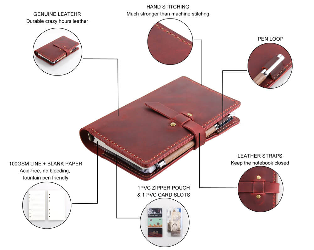 Personalized Refillable 6 Ring Binder Rustic Leather A6 Journal - Robrasim Brown Personalized Refillable 6 Ring Binder Rustic Leather A6 Journal - Robrasim Brown