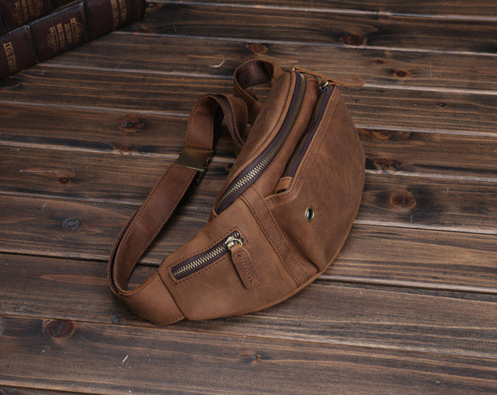 Leather Fanny Pack – Waterproof Waist Bag With Adjustable Strap, Crossbody Sling For Men, Brown, Small Size