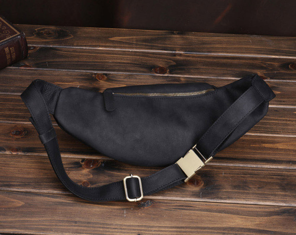 Black Leather Mens Waist Bag Fanny Pack Sling Bag Chest Bag Black One