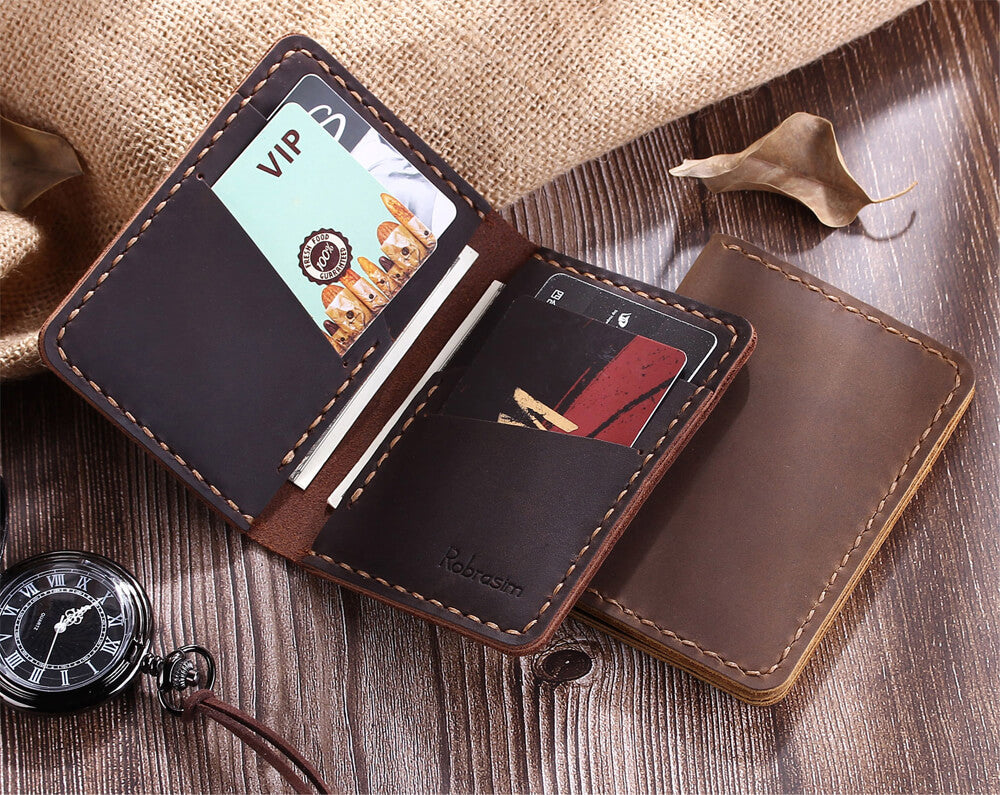 Personalized Brown Leather Keychain Card Wallet Minimalist 